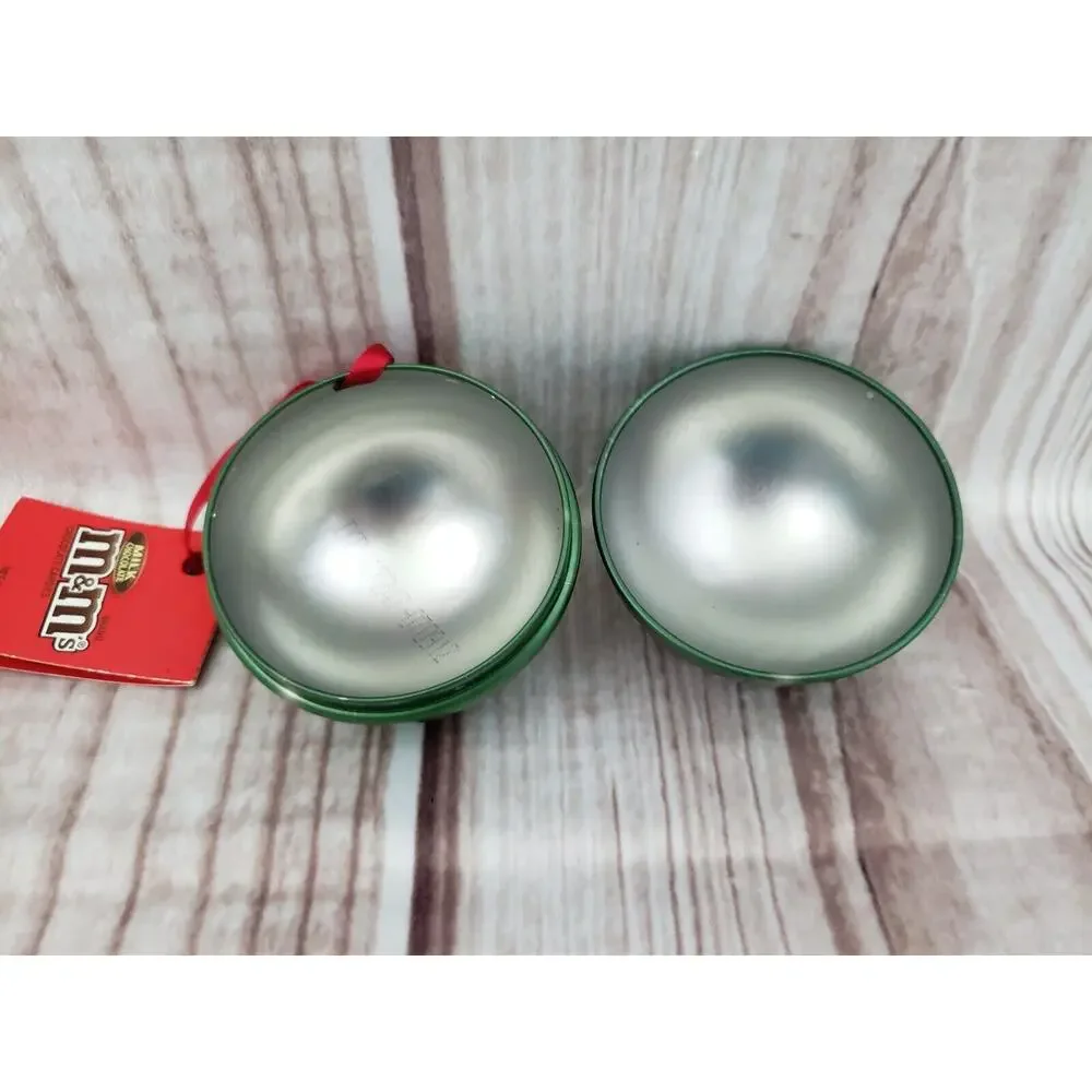 Mars M&M's Candy Round Green Metal Tin Box Container Christmas Ornament